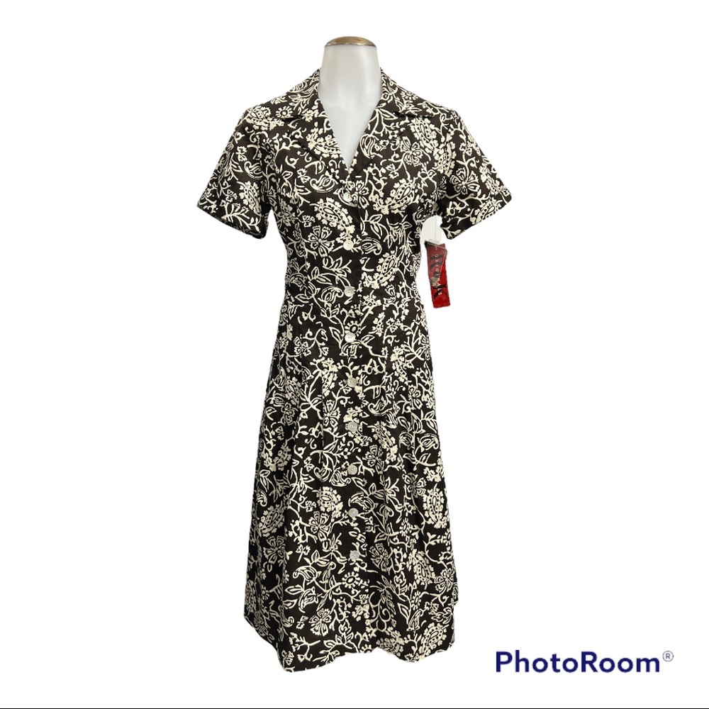Vintage R & K Originals Brown/Creme Floral Button-Down Shirt Dress Size: 8